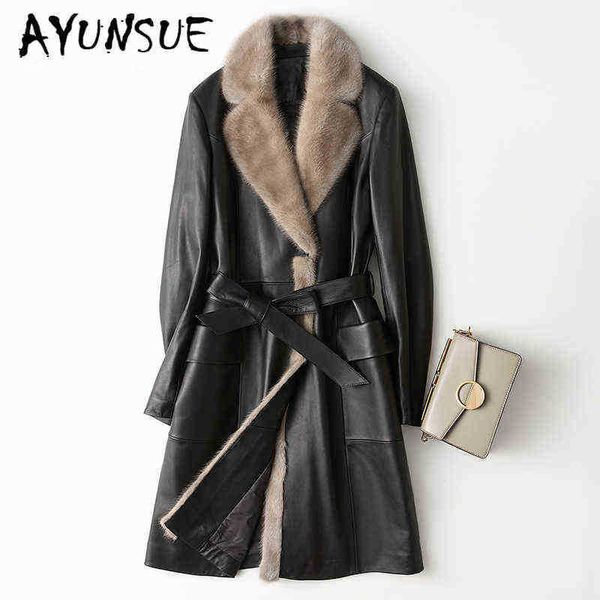 

ayunsue women winter sheepskin coat female natural mink fur collar genuine leather duck down coat women genuine leather coat 55 j220727, Black