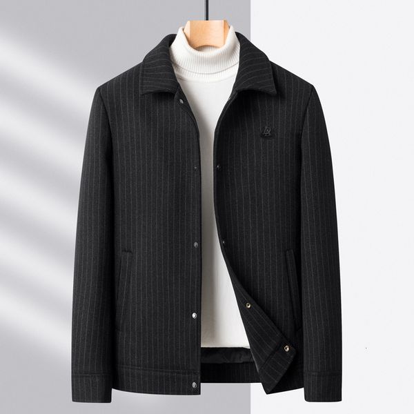 

men's wool blends highquality brand winter coat wool men's stripe thickened lapel jacket casual fashion warm european luxury 22111, Black
