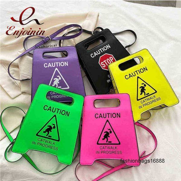 

novelty ssign purse tote handbags for women fashion caution catwalk in progress crossbody bag messenger purses pu leather 2022