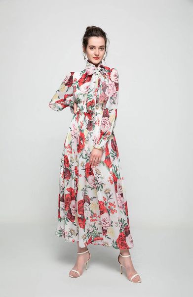 

dresses designer's original new spring and summer stand collar fashion long sleeved tunic skirt chiffon printed skirt with silk scarves, Black
