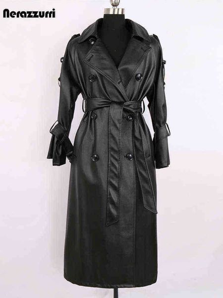 

nerazzurri spring autumn long beige waterproof faux leather trench coat for women raglan sleeves double breasted fashion j220727, Black