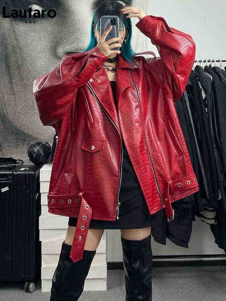 

lautaro spring autumn oversized red shiny crocodile pattern leather biker jacket women long sleeve zipper belt cool fashion 2022 j220727, Black