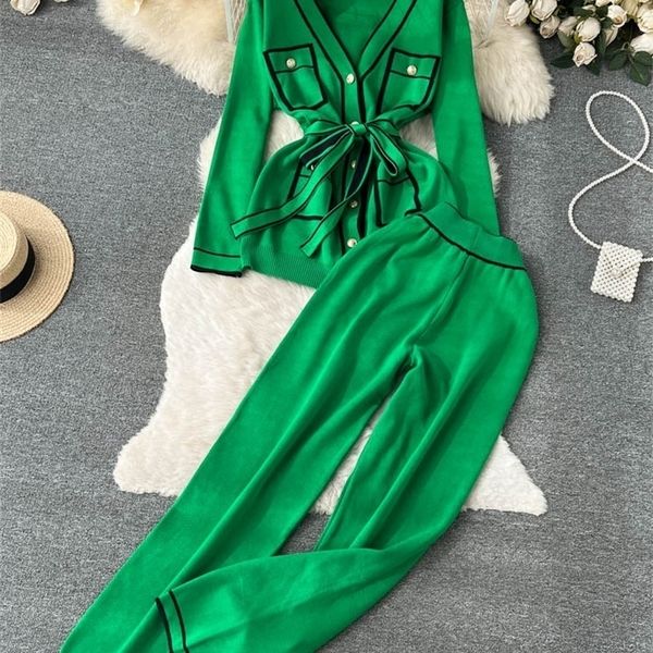 

womens two piece pants winter panelled knitted sets fashion long sleeve v neck tie knitwearwide leg pant women ol sweater pieces suits 22111, White