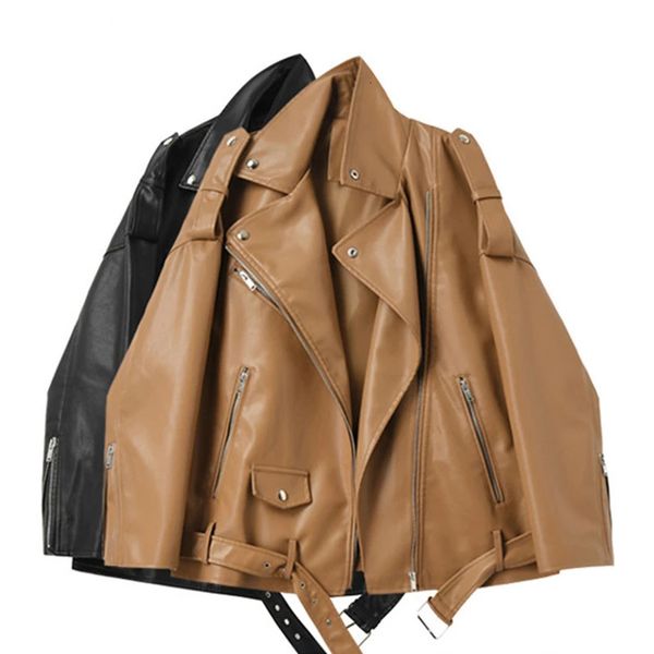 

women's leather faux remxi spring autumn jackets women loose casual coat female drop-shoulder motorcycles locomotive outwear with belt, Black