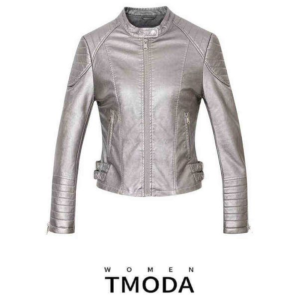 

tmoda292 autumn winter women faux leather jackets lady pu motorcycle shining grey zipper jacket streetwear biker outerwear j220727, Black