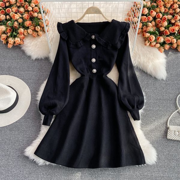 

sweet baby collar sweater dress autumn and winter new french age reducing waist slim knitted dress, Black;gray