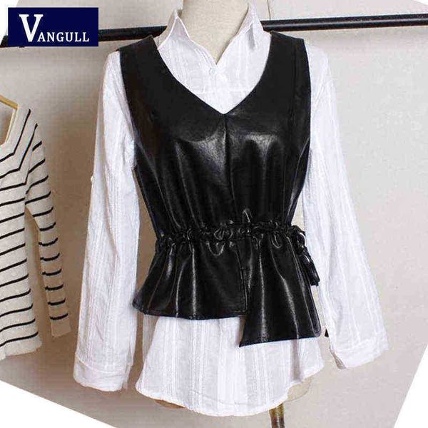 

vangull fashion black slim pu leather vest women v neck spring new solid sweaters vest female sleeveless belt ladies vest j220727