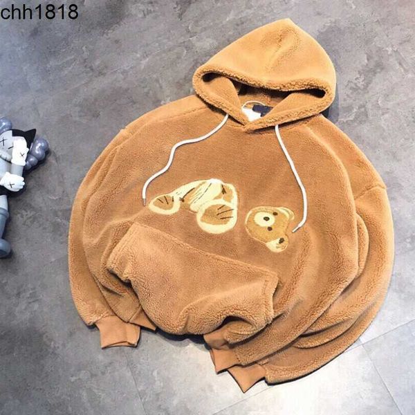 

23ss winter new korean simple couple style double sided fleece thickened broken head bear lamb fleece hooded long sleeve sweatshirt, Black