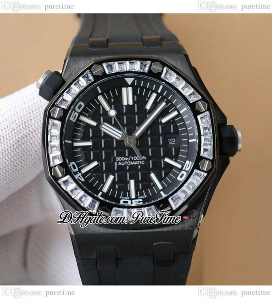 

a1571 42mm a3120 automatic mens watch diamonds bezel dlc all black dial silver stick rubber leather strap super eiditon puretime e253, Slivery;brown
