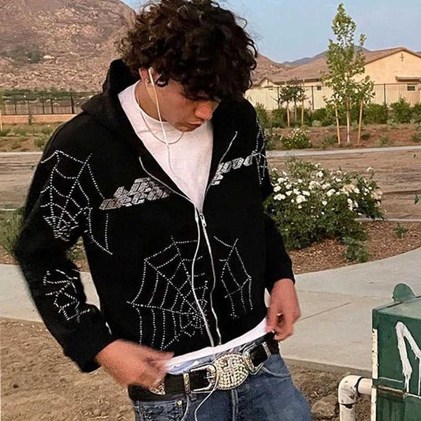 

men's hoodies sweatshirts oversized rhinestone spider zip hoodie women autumn vintage streetwear gothic jacket coat harajuku grunge swe, Black