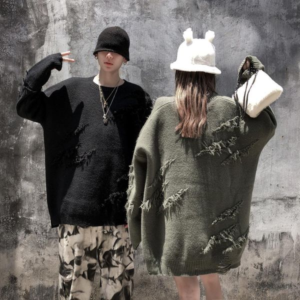 

men's sweaters korean fashion men's ripped knitted sweater pullovers hip hop baggy bf harajuku knit blouses sweaters women autumn, White;black