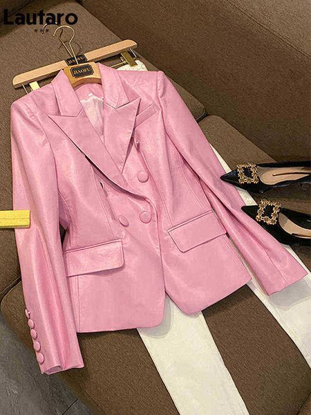 

lautaro spring stylish short pink soft pu leather blazer long sleeves slim fit luxury jackets for women 2022 elegant fashion 5xl j220727, Black