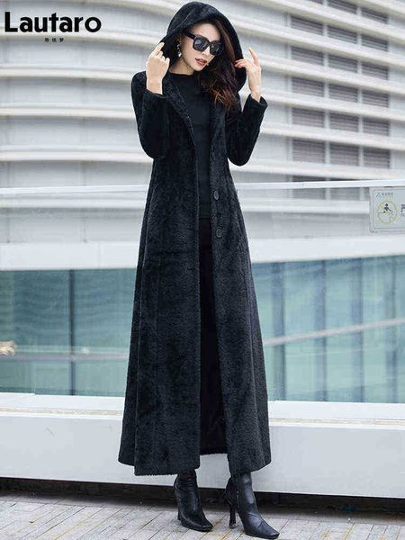 

lautaro winter extra long black soft warm faux fur coat women with hood long sleeves slim fit maxi fluffy korean fashion 2021 j220727