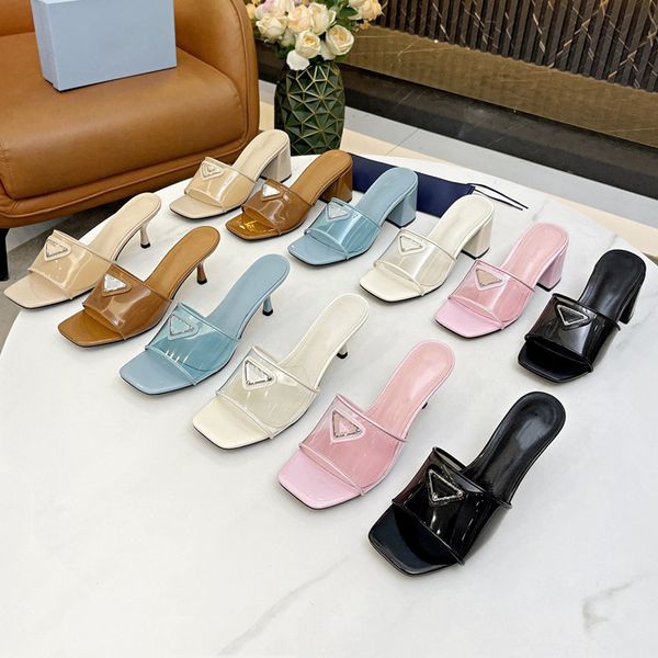 

designer women slippers rubber genuine leather bottom transparent triangle label jelly shoes chunky heel sandals, Black