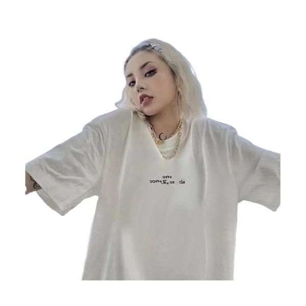 

mm margiela summer niche inverted letter embroidery short-sleeved loose casual tide men and women t-shirt, White