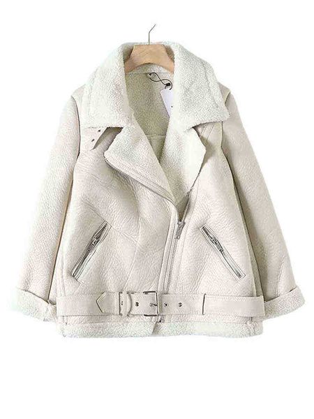 

fur long sleeves loose belt warm women coat lamb wool winter thickened locomotive lapels female jacket beige chic pu j220727, Black