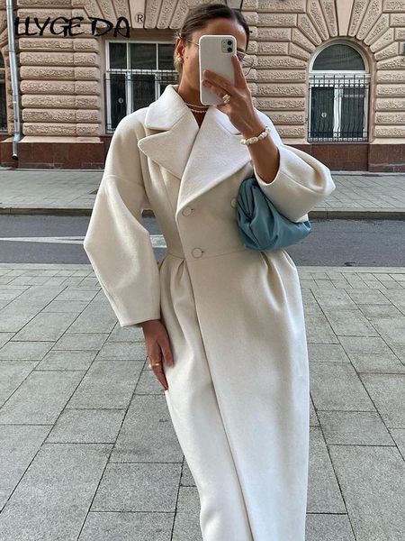 

women's wool blends autumn lantern sleeve women woolen coat lapel double-breasted office lady long jackets windbreaker thick streetwear, Black