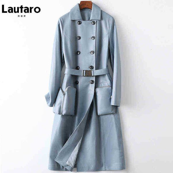 

lautaro autumn long soft light blue leather trench coat for women belt double breasted elegant luxury british style fashion 2022 j220727, Black