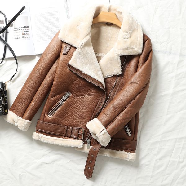 

women's leather faux winter thick warm jackets women sheepskin coat female fur jacket outerwear overcoat casaco feminino 221116, Black