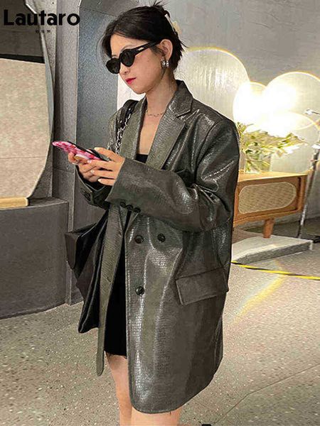 

lautaro spring autumn loose soft green crocodile print faux leather blazer women long sleeves casual luxury designer clothing 2022 j220727, Black