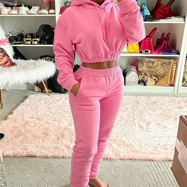 

womens two piece pants hoodie cropped tracksuit thick warm set elegant 2 s sets women outfit fleece pant sweatsuit pullovers hoodies 221115, White