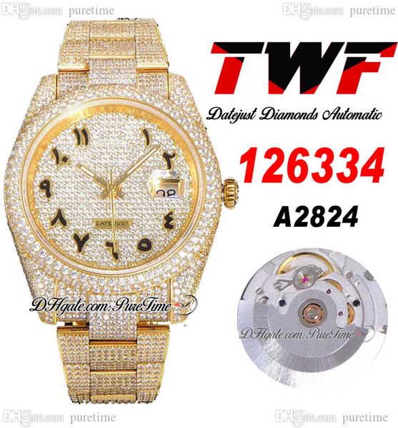 

twf v3 full diamonds a2824 automatic mens watch whtie 18k yellow gold black arabic script paved diamond dial and fully iced out 904l steel b, Slivery;brown