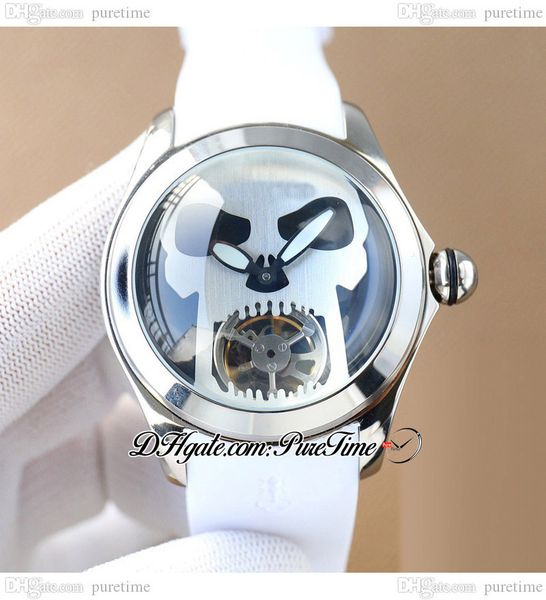 

bubble 46 a21j automatic mens watch steel case black skull tourbillon dial white rubber strap watches puretime e56b2, Slivery;brown