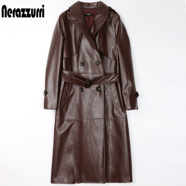 

women's leather faux nerazzurri spring brown long black faux leather trench coat for women long sleeve belt double breasted womens fall