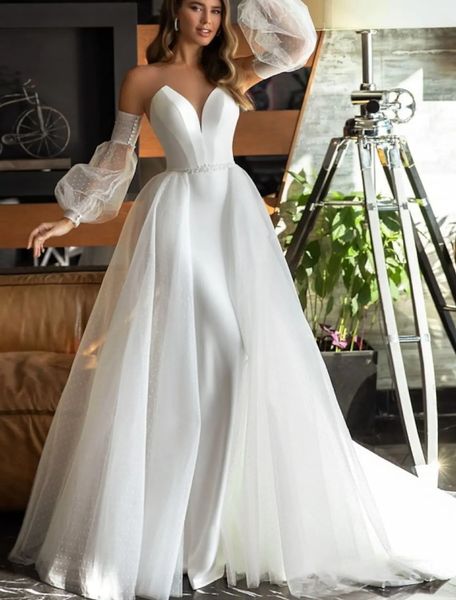 

a-line wedding dress v neck satin tulle long puffy sleeve country bridal party gowns for women 2023 vestidos de noiva, White