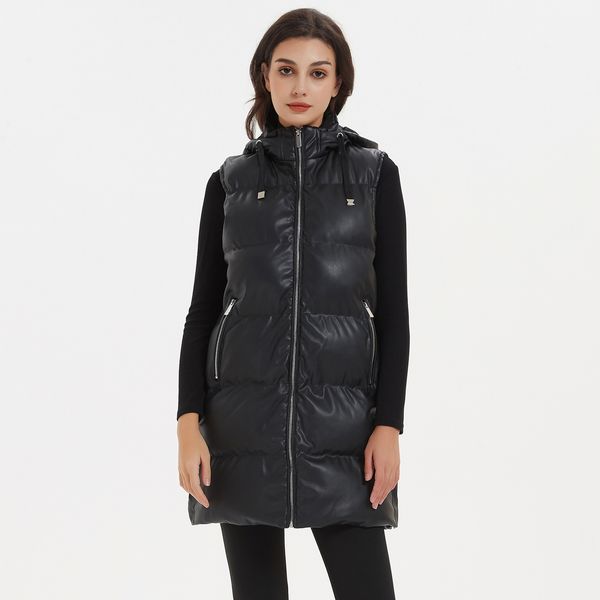 

women's vests malina black hooded vests women fashion zipper pu leather coats women elegant long a line vests female ladies js 221116, Black;white