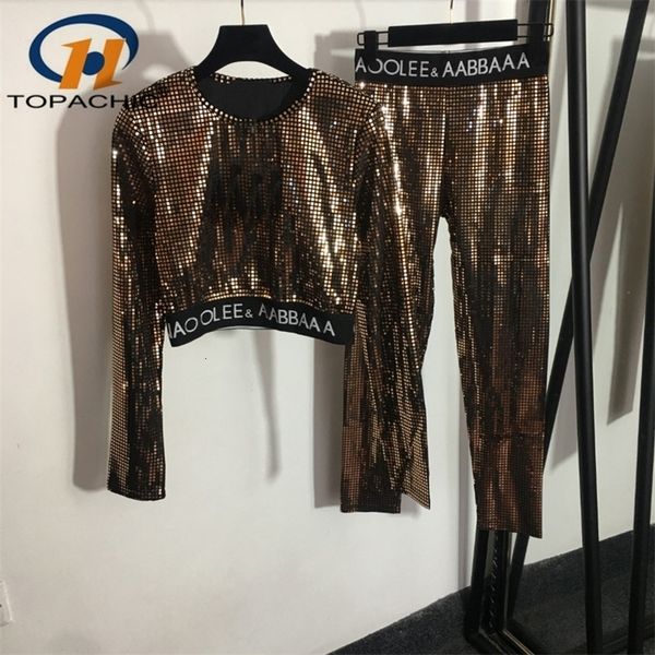 

womens two piece pants 1025 party crop sequins plaid long sleeve tshirt letter elastic waist slim legging set women 221115, White