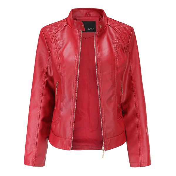

women's leather faux jacket women zippers spring autumn pu mandarin collar red motor biker coat female oversized 221116, Black
