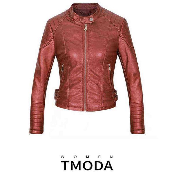 

tmoda279 autumn winter women faux leather jackets lady pu motorcycle shining red zipper jacket streetwear biker outerwear j220727, Black