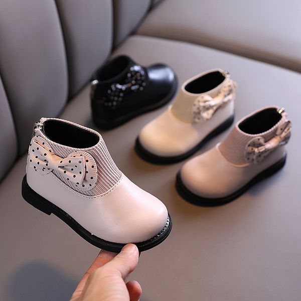 

boots girls winter kids warm elegant princess plush bowtie leather children' cotton e258 221116, Black;grey