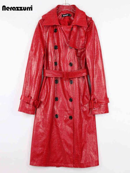 

nerazzurri spring autumn long red black crocodile print leather trench coat for women double breasted british style fashion 2022 j220727