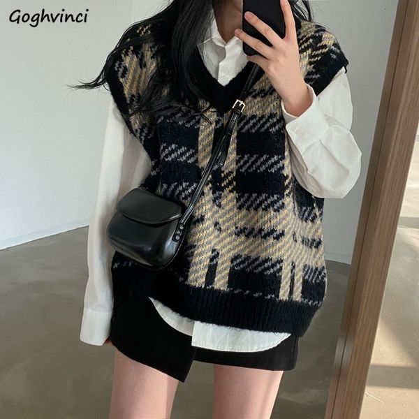 

women's vests sweater vest women v-neck soft warm fashion plaid sleeveless sweaters retro all-match loose-fitting knitted korean style, Black;white
