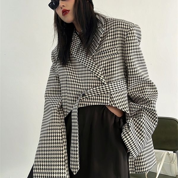 

womens suits blazers eam women black plaid irregular ribbon blazer lapel long sleeve loose fit jacket fashion spring autumn 1df0071 221115, White;black
