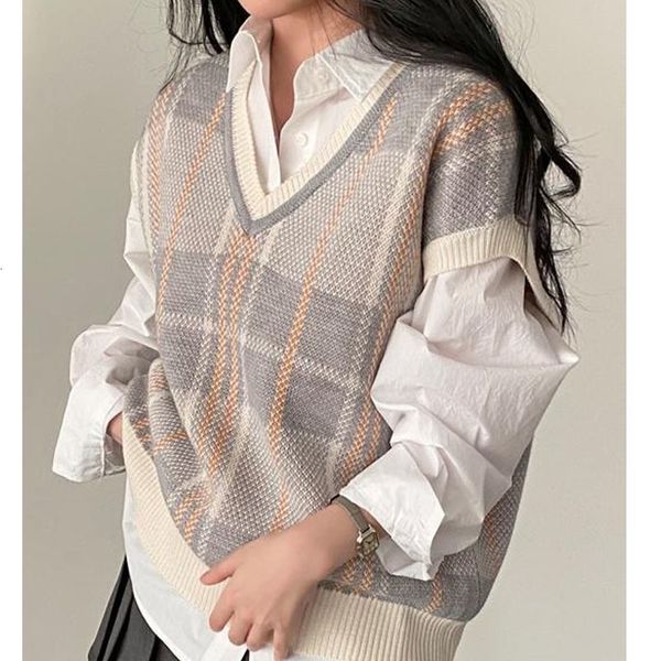 

women's vests autumn winter female korean loose sweater vest vintage office-lady v-neck pullover women knitted pull femme 23875 221116, Black;white