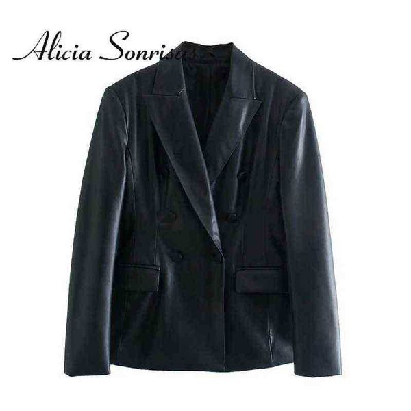 

skinny 2022 women spring autumn doublebreasted pu leather jacket solid black elegant tailored collar long sleeve blazer j220727