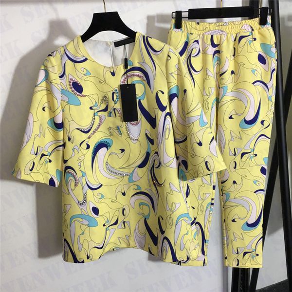 

womens luxury print pants two piece with rhinestone design abstract printed pullover clothing high waist trousers sets for party wedding, White