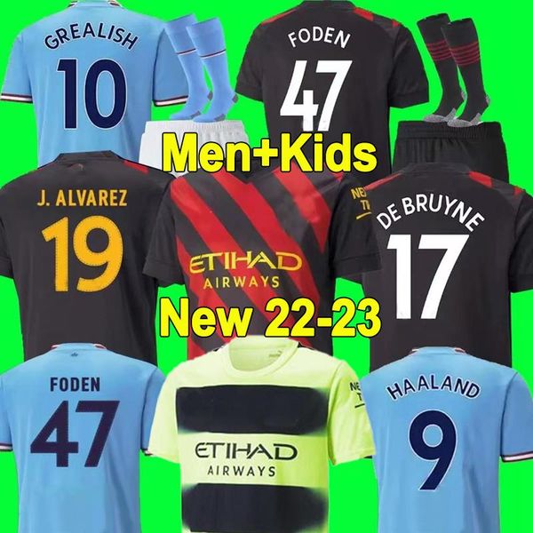 

22 23 haaland soccer jerseys grealish sterling mans cities mahrez fans player version de bruyne foden 2023 football shirt kids kit sets uni, Black;yellow