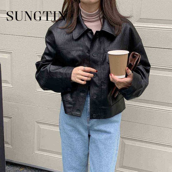 

sungtin autumn winter black faux leather jackets women casual loose soft pu jacket fashion motorcycle streetwear female outerwear j220727