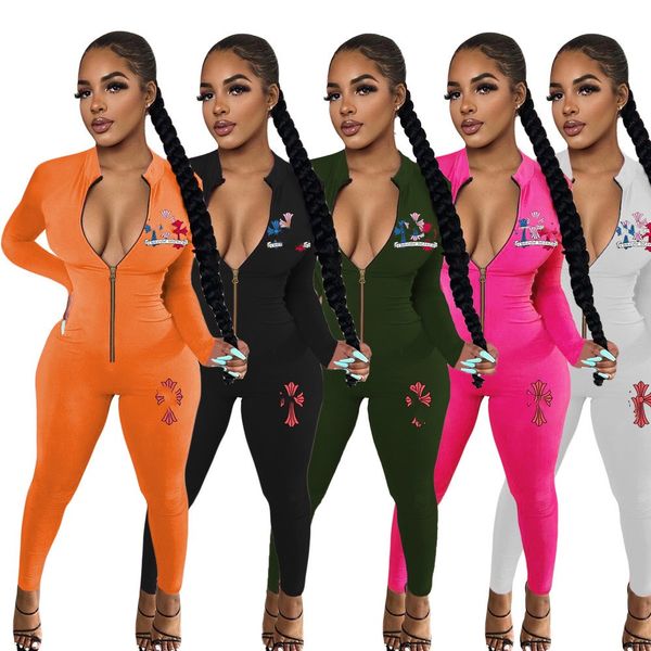 

designer brand women jumpsuit letter print overalls bodycon one piece outfit clothes long sleeve romper pants elastic stand collar jumper su, Black;white