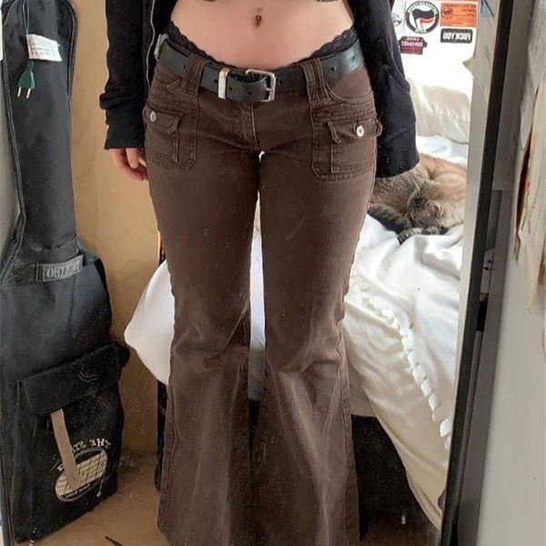 

womens jeans rapcopter y2k brown flare solid pockets kawaii trousers low waisted aesthetic grunge fairycore joggers women casual basic 22111, Blue
