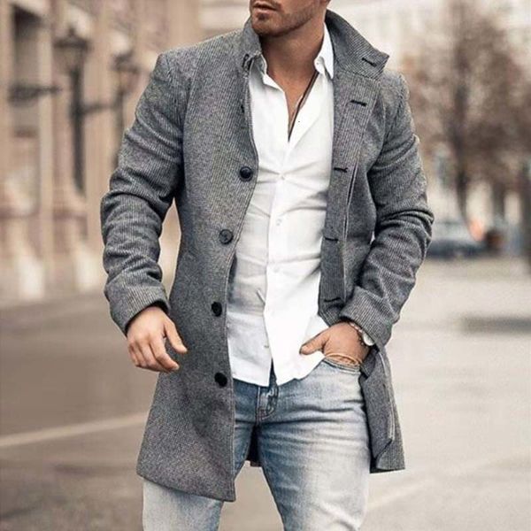 

men's wool blends men trench coat fashion plaid overcoat woolen stand collar medium long pocket casual men autumn winter jacket sobretu, Black