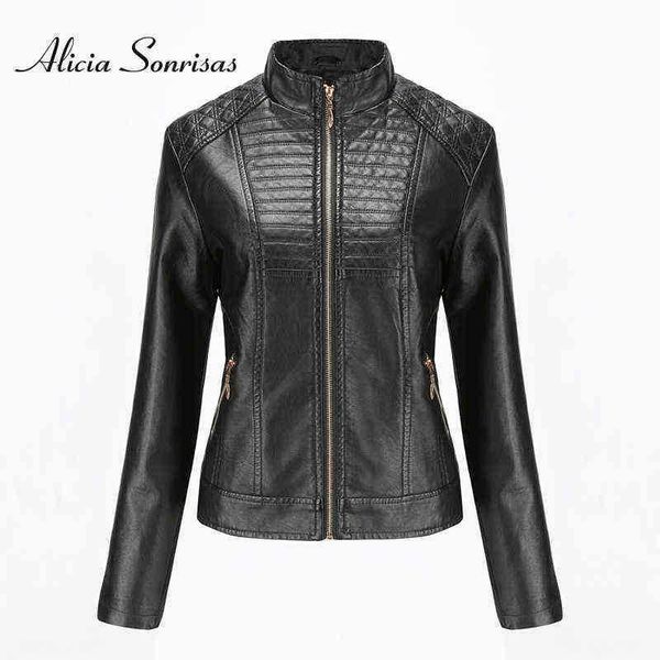 

2021 autumn winter pu leather jacket women stand collar long sleeves casual moto solid leisure color orange biker jacket j220727, Black