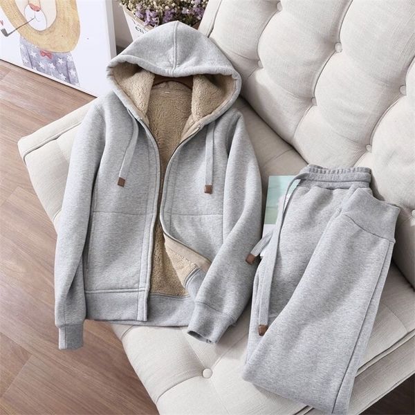 

womens two piece pants winter thick fleece solid hoodies sets women long sleeve casual clothes autumn warm female hooded sweatshirt matching, White