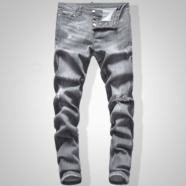 

grey jeans men slim fit denim solid color hip hop streetwear biker 744#, Blue