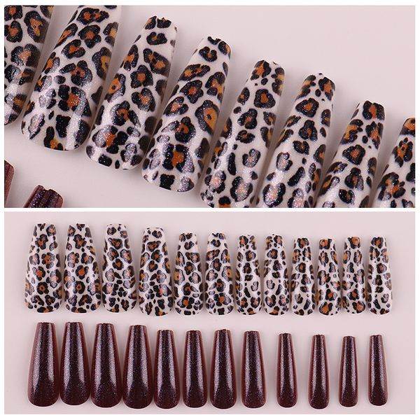 

wholesale 24 tips false nails for women girls european usa fashion leopard print long fake nail manicure tools set, Red;gold