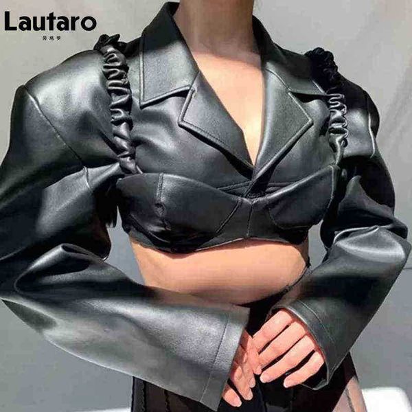

lautaro spring autumn short black light faux leather jacket women long sleeve lapel runway stylish fashion 2021 cropped j220727